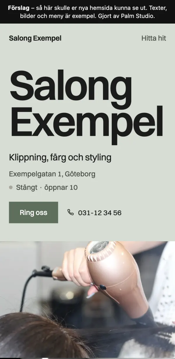Exempel på hemsida för en frisörsalong i en mobil
