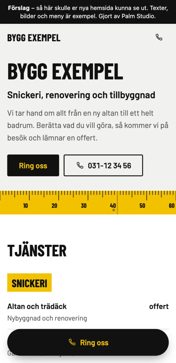 Exempel på hemsida för en hantverkare i en mobil
