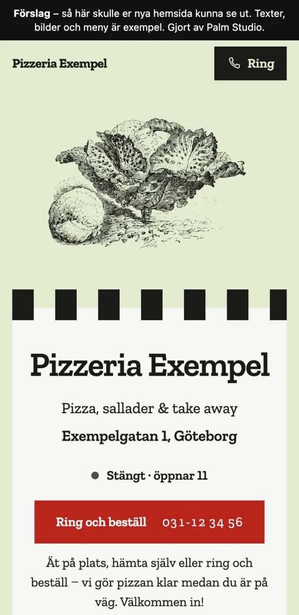 Exempel på hemsida för en pizzeria i en mobil
