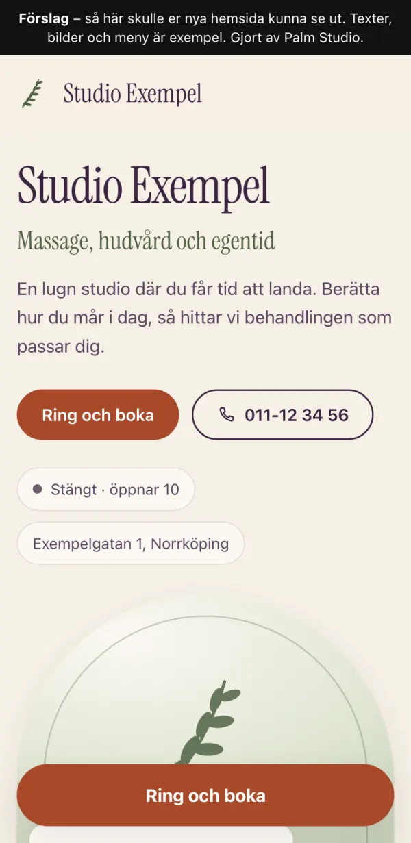 Exempel på hemsida för en skönhetsstudio i en mobil